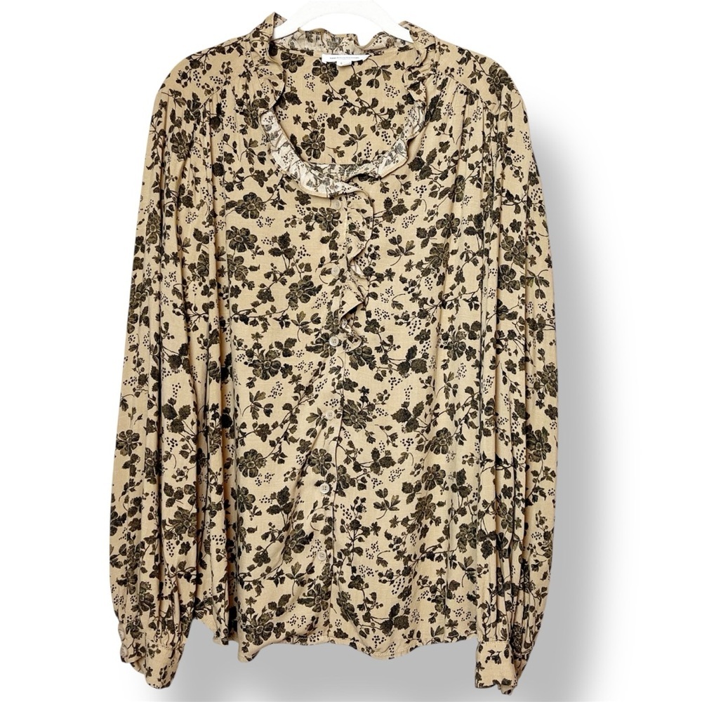 beachlunchlounge Brown Floral Blouse Large long sleeve flowy boho ruffle top tan